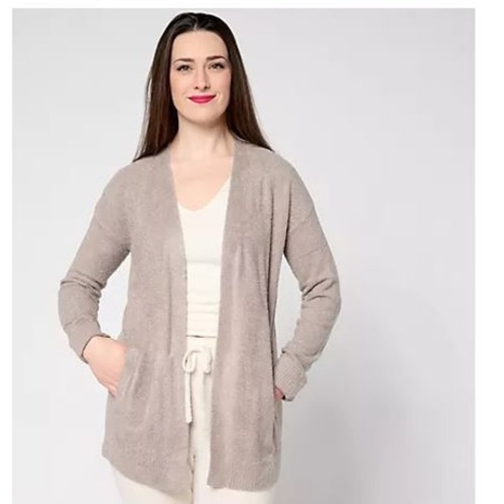 Barefoot Dreams XS Cardigan Tan CozyChic Lite Knit Ribbed Cuff Coastline Pocket